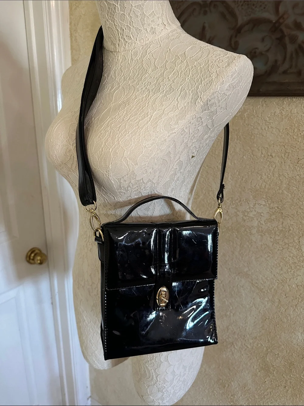 Forever 21 Patent Black Crossbody Satchel with Top Handle